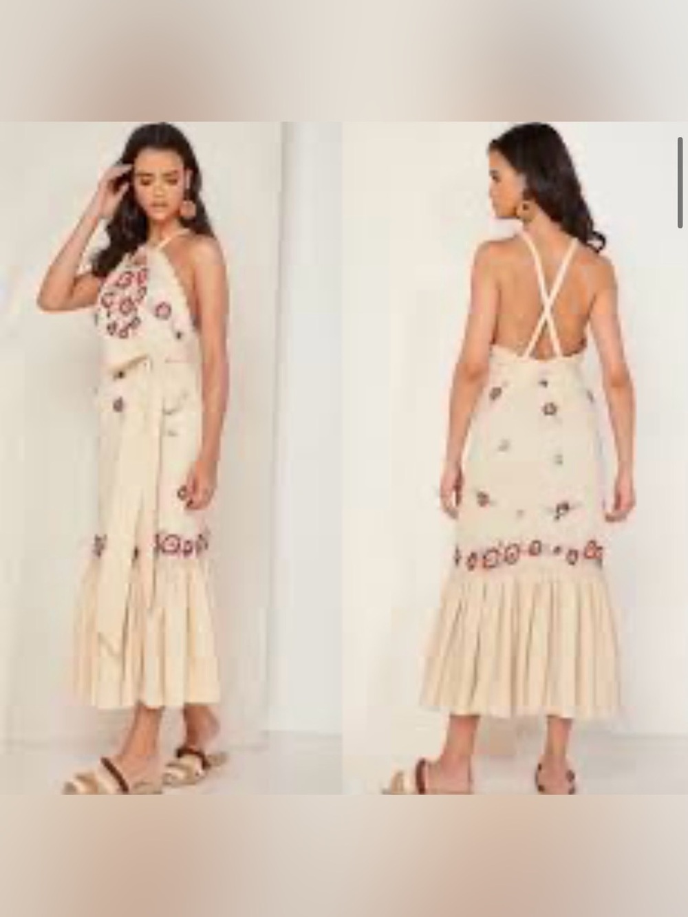 Free People Cream Embroidered Halter Midi Dress with Floral Detail